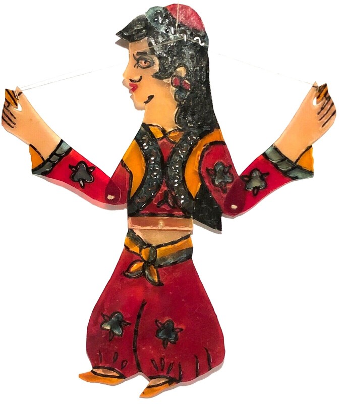 VINTAGE KARAGOZ TURKEY HAND PAINTED LEATHER SHADOW PUPPET FIGURE FOLK ART gallery