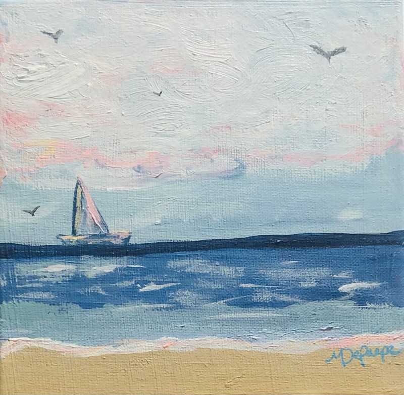 Seascape Painting “Sailboat Pastel Dreams” 8×8 on Canvas by M DePaepe