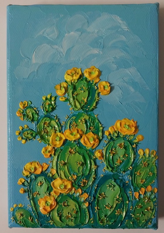 Mini Canvas Prickly Pear Blooming Cactus Art 4×6″ Impasto Oil Painting Original