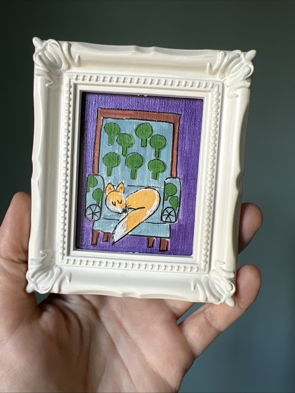 Fox cute,original,miniature Painting,small,mini,framed gallery
