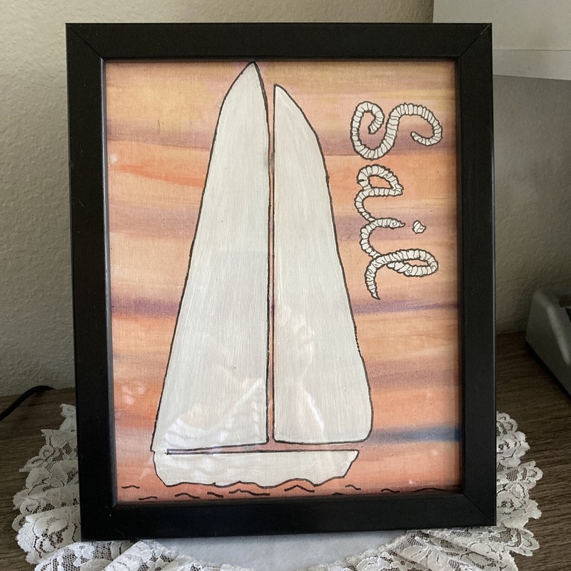 «SAIL»11X9» CANVAS, HANDPAINTED BEACHY DECOR WITH FRAME