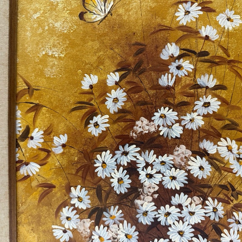Vintage Original Signed Daisy Flowers Daisies Butterfly Painting Framed 12x16 gallery