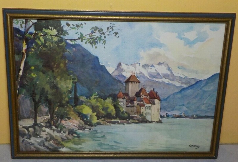 A.Marc ,Nicolas Markovitch Watercolor Lithograph SWISTZERLAND CASTLES SCENE
