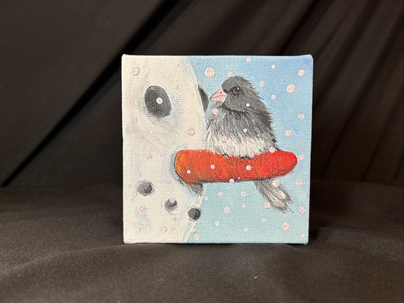 Small Winter Art Painting Bird on Nose of Snowman 4″x4″x1 3/4″