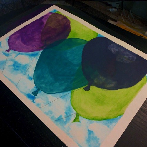 Watercolor Painting of 4 ballons in the sky with clouds on Paper, 18x24in