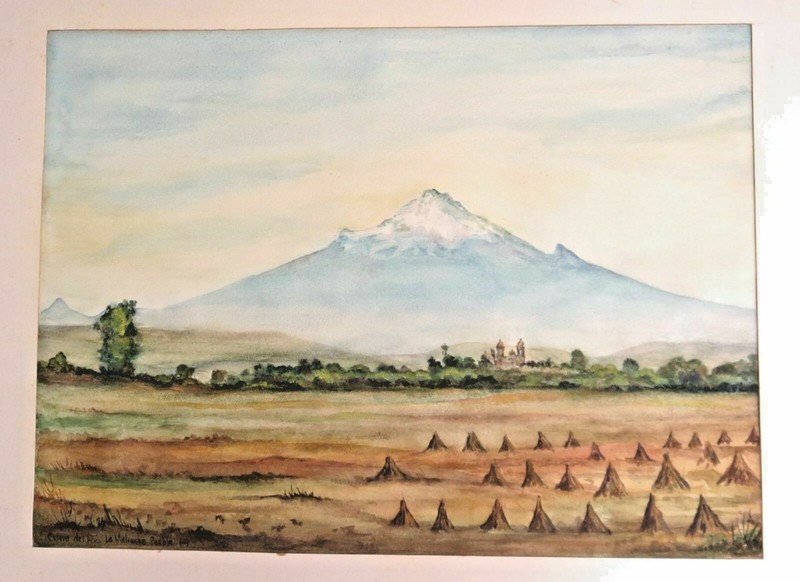 ROBERTO CUEVA DEL RIO WATER COLOR PAINTING OF VOLCANO LA MALINCHE PUEBLA MEXICO