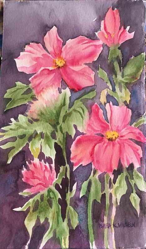 6 X 10 Original Pamela Wilhelm Watercolor Pink Green Gray-Purple Floral