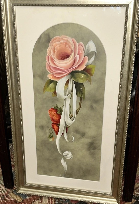VTG Original PINK ROSE & STRAWBERRIES w/Ribbon Bow 12.25”W 22”T Framed Unsigned