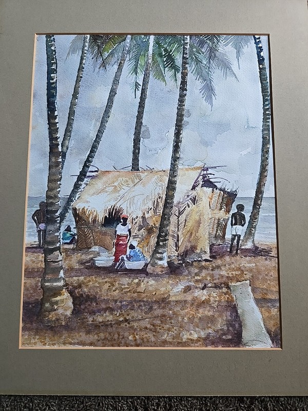Original Watercolor Augustine Gokah «Relax And Wait» Ghana Scene Rare Signed Art