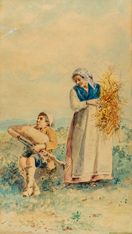 Antique Italian Watercolor, Peasants, Boy with Zampogna, Illegibly Signed