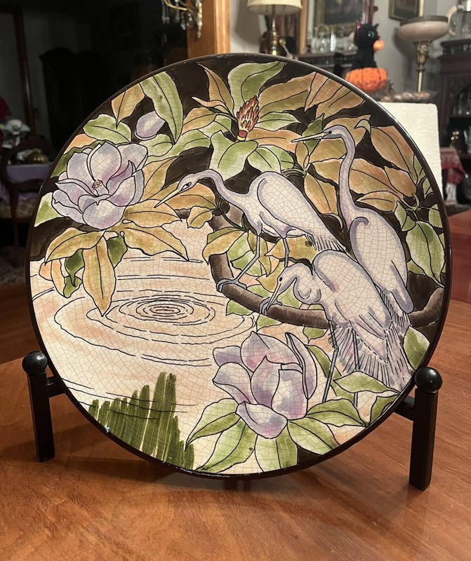 Beautiful Large Vintage Art Pottery Plaque Magnolias Cranes Herons Florida USA