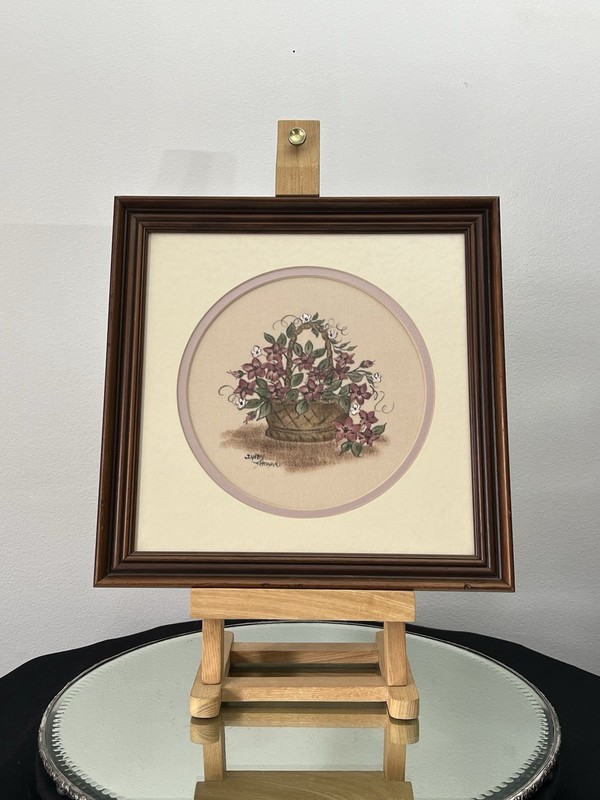 🟡 12”x12” Framed Sandy Honan Theorem Painting 1980s Folk Art Basket Flowers