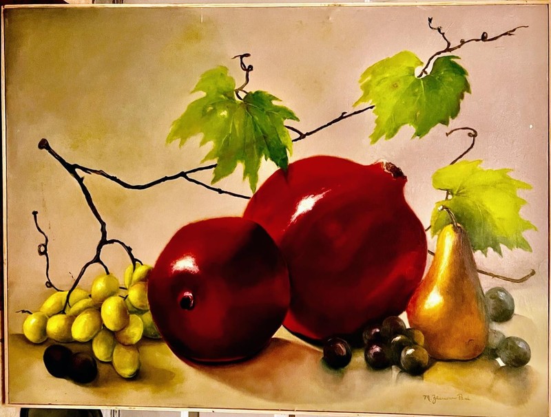 Vintage Oil Painting Artist Signed Original Still Life Fruit Art Pear Grapes