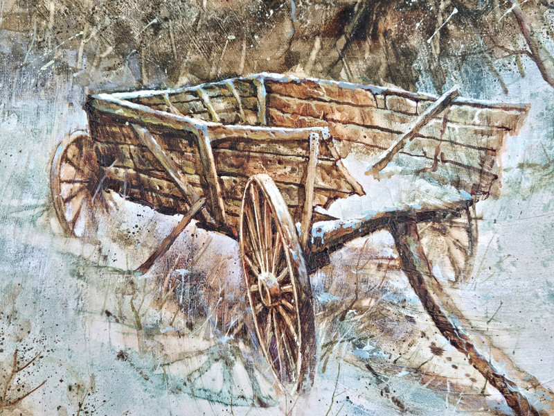 Jim Sloan original winter landscape oil painting on canvas, wagon, farm/barn gallery