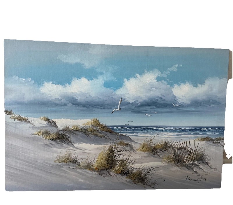 Vtg Seascape Oil Painting By “Remington”, Coastal Beach Seagulls Ocean Decor