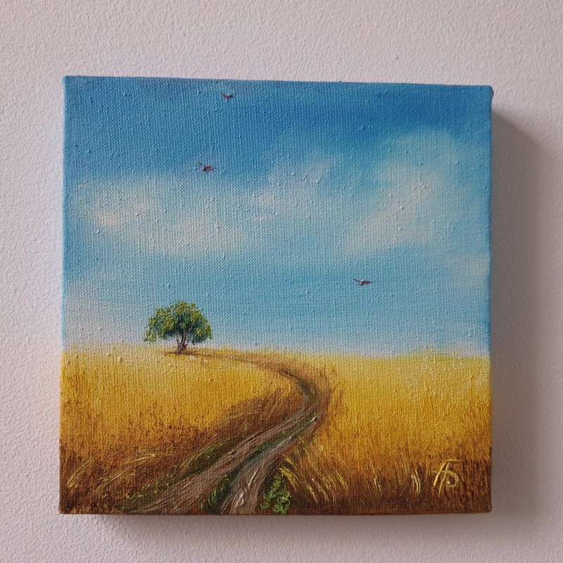 Golden Wheat Field Lone Tree Original Oil Painting Country Landscape Wall Decor gallery