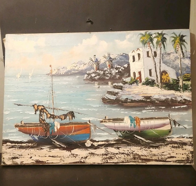 VTG Original Oil Painting on Canvas Tropical Village Junk Boats Harbor 21 x 15" 
