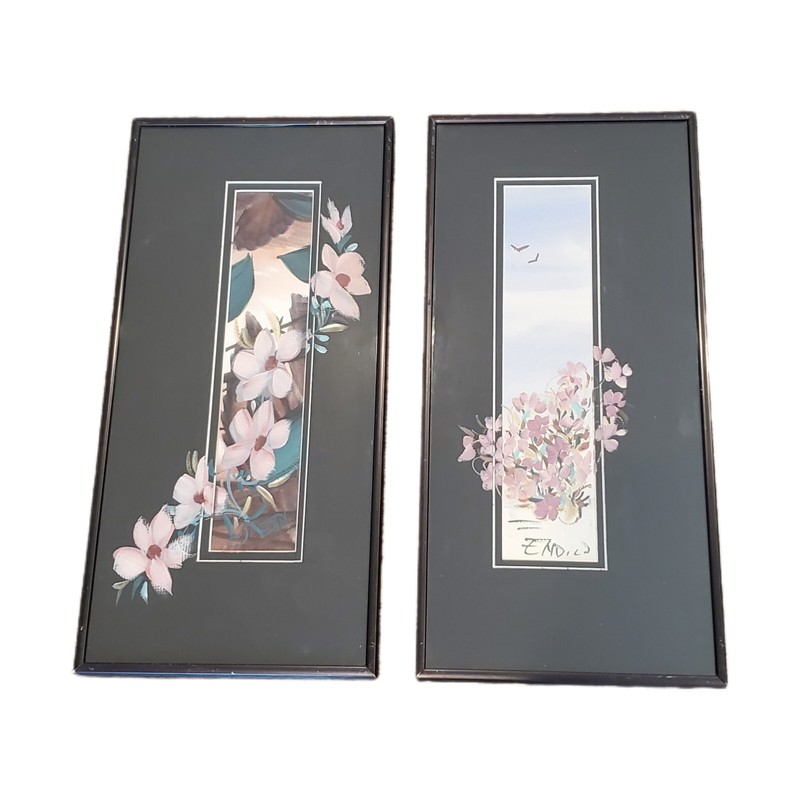 VTG Set of 2 Framed Floral Pink Flower Black Matte Paintings Cherry Blossom 8×17