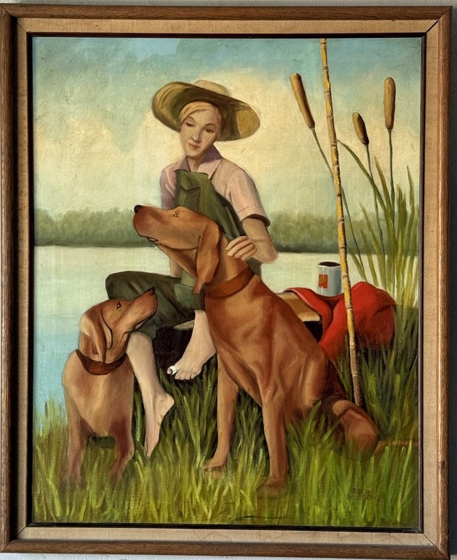 EDET BEIZBERG ANTIQUE IMPRESSIONIST OIL PAINTING VINTAGE WOMAN & DOG LANDSCAPE gallery