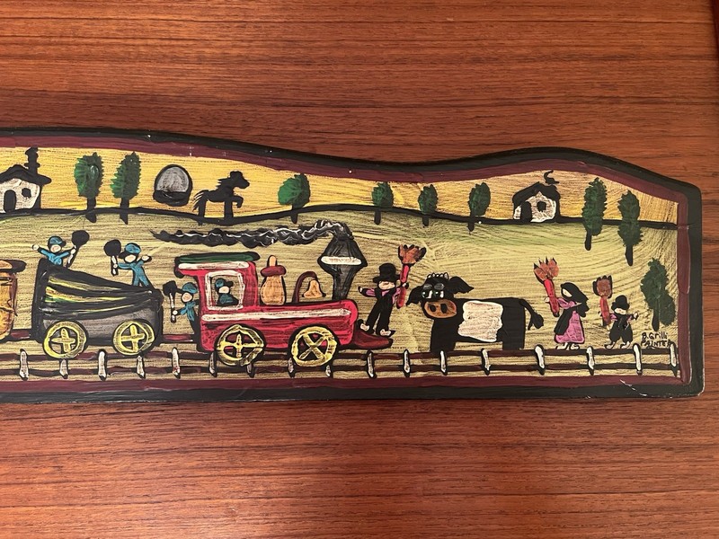 Bonnie Grilli Signed Folk Art Original Painting on Wood “Cow Catcher” Train RR gallery