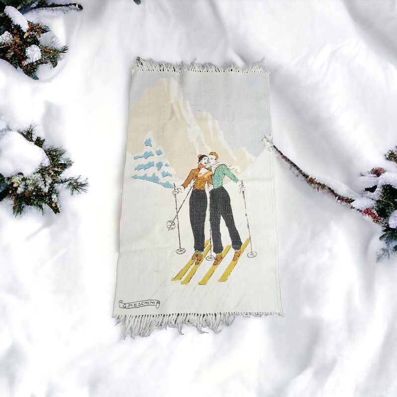 G. Meschini Vintage Art Deco Printed Wall Hanging Skiers In Love