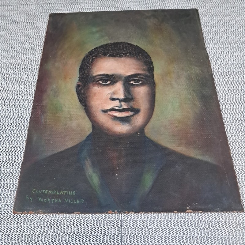 Vtg Painting Portrait Black African American Man On Board Signed Wortha Miller gallery