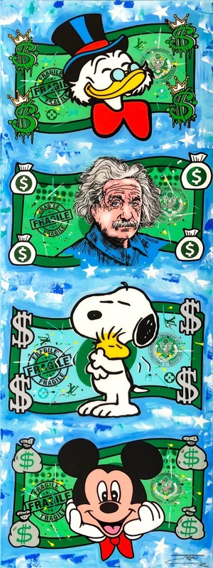 Jozza «Cash Only II» | Original Painting 80×30″ | Mickey Scrooge Snoopy Einstein
