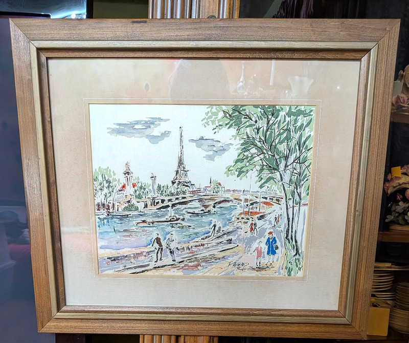 Paul Renard Signed PARIS EIFFEL TOWEL Painting on Silk: 13X10″ (22X19″ Framed)