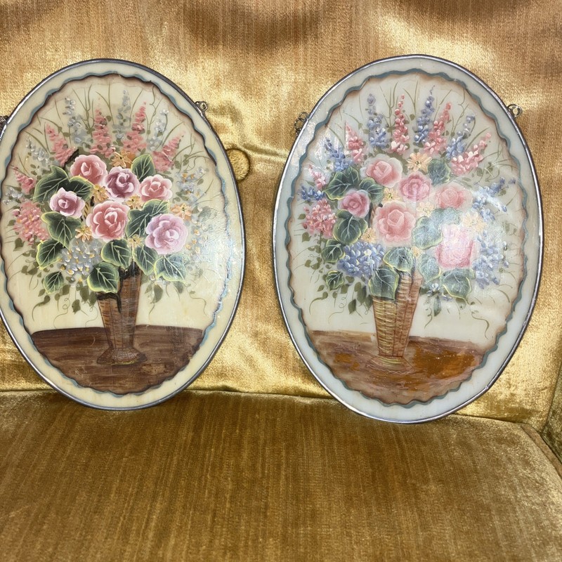 Set /2 – 40’s Hand Painted Flowers In Vase On Oval Slag Glass Frame With Chain