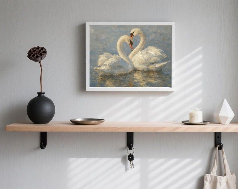 Swan Couple Wall Art – Romantic White Swan Print – Vintage Impressionist Oil gallery