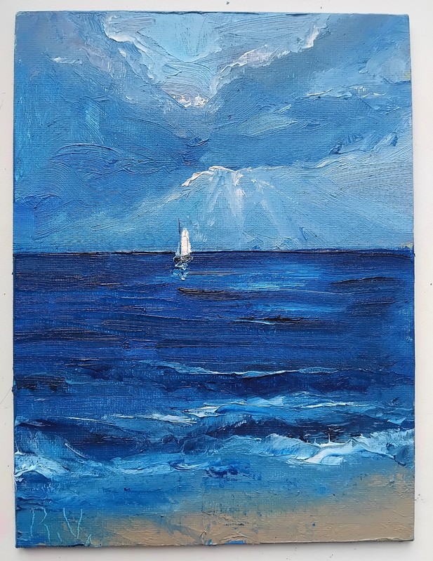 Seascape oil painting 6×8″ before storm, dark clouds, sailboat far in the sea