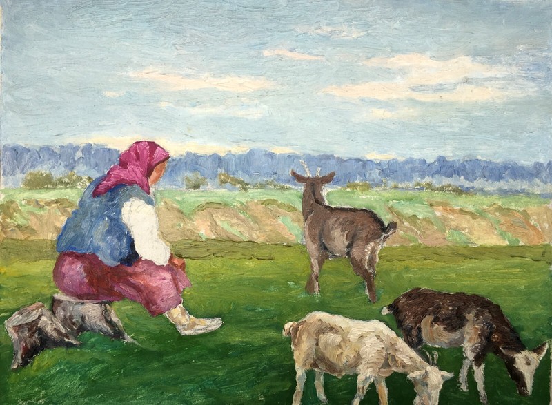 Oil Painting Unframed Grandmother and Goats Cherkas A Home Decor Artwork n471