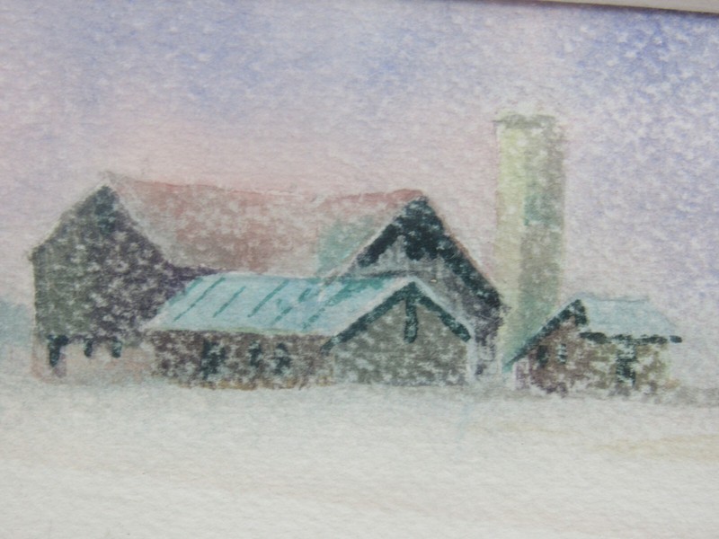 JOHN HARTIG ORIGINAL WATERCOLOR SNOWSTORM FARM PHEASANT BIRD SIGNED gallery