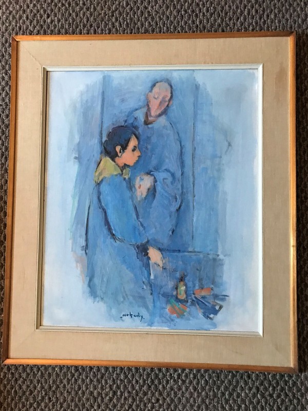 Wadie El Mahdy Oil/ Canvas Man and Woman in Blue Signed Excellent