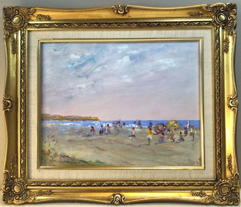 Artist Donald Fraser Sunny Day At The Beach Framed Acrylic Painting 2000s