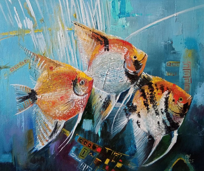 Original Oil Painting Tropical Fish Canvas Art Aquarium Wall Decor Handmade