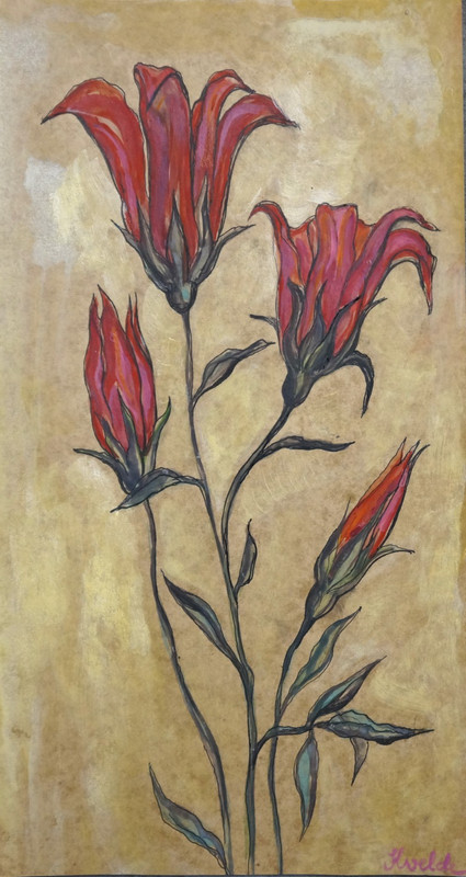 Vintage ink drawing, gouache painting original Red flowers, signed