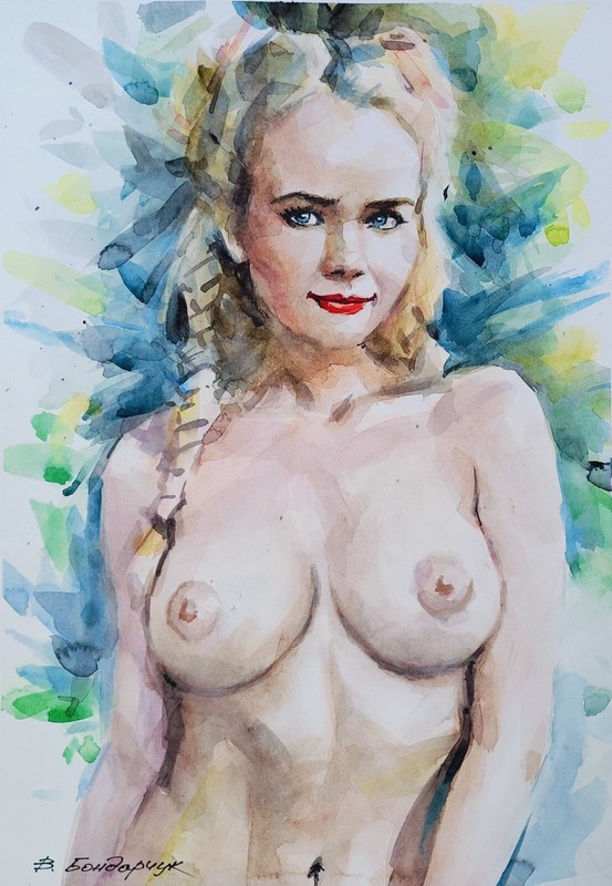Original watercolor painting. Beautiful girl portrait. Minimalist illustration