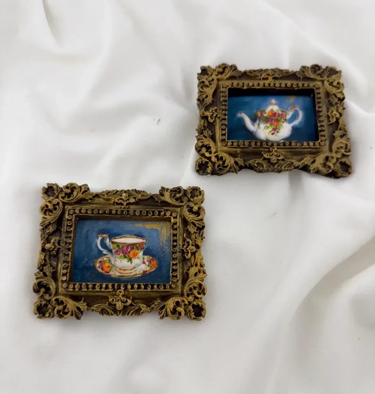 2 pieces Miniature Tea set painting in mini gold vintage style ornate frame