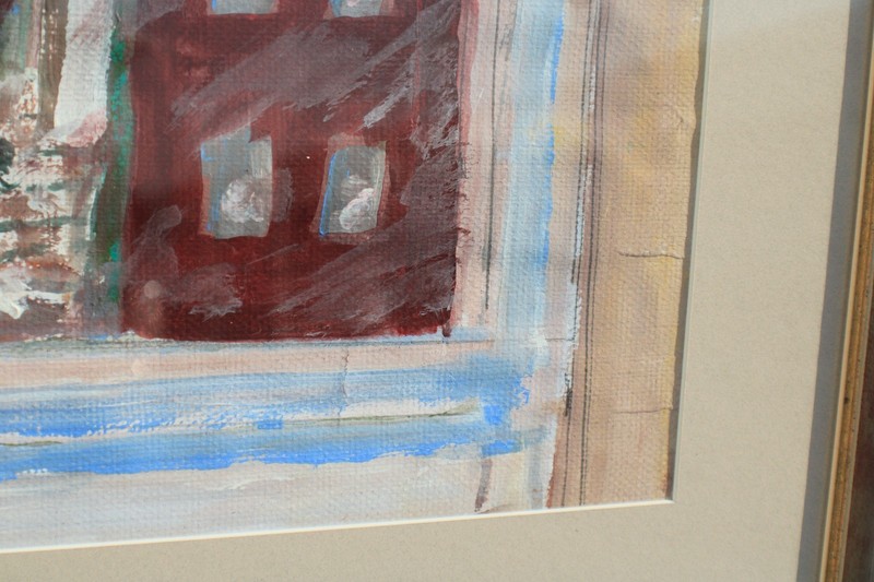 Mid Century Red House Landscape Watercolor Painting Unsigned gallery