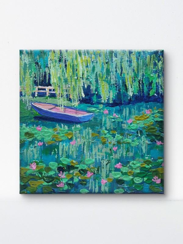 Original Acrylic Painting Canvas 8×8 Waterlilies Pond Landscape Impressionist
