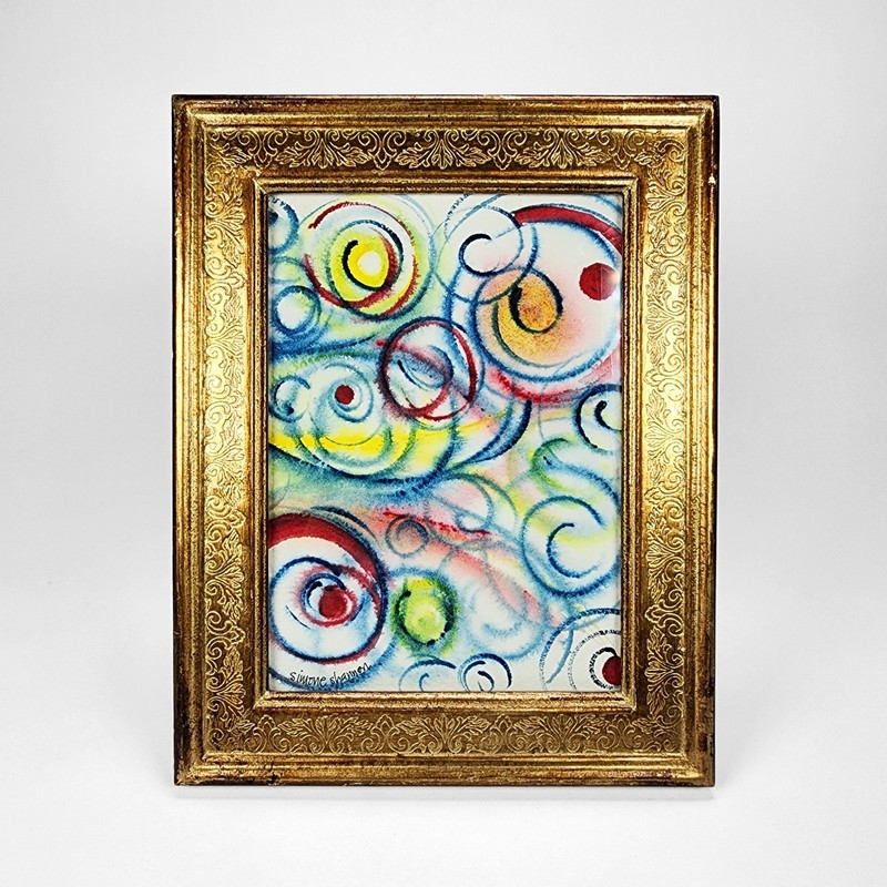 Original Watercolor Painting Colorful Abstract Framed Gold Artist Signed Small