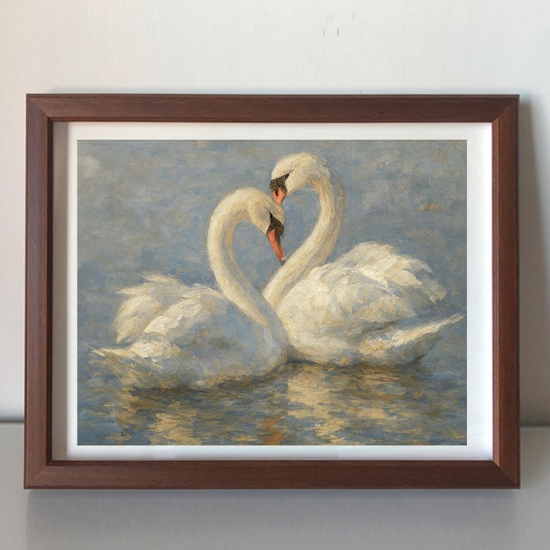 Swan Couple Wall Art – Romantic White Swan Print – Vintage Impressionist Oil gallery