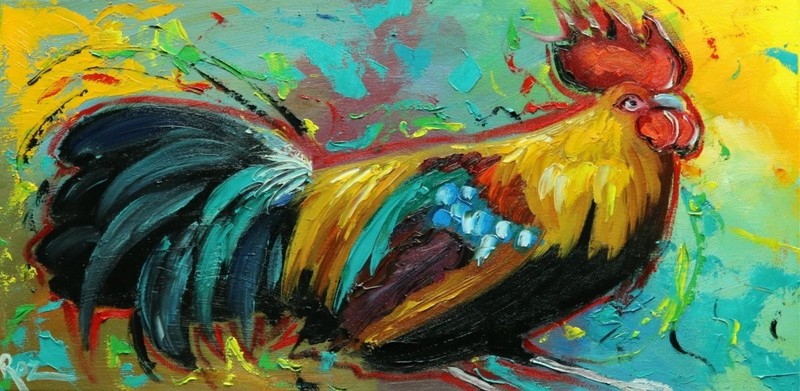 Rooster #1062 – 12×24″ original oil painting by Roz
