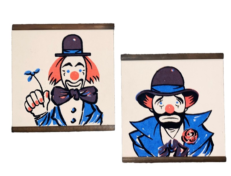 Vintage MCM MODERNIST CLOWN PAINTING Portrait Felt Mixed Media Pair Happy Sad