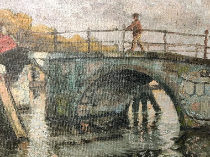 MAN LOOKING AT FLOWING RIVER FROM A BRIDGE, vintage oil painting gallery