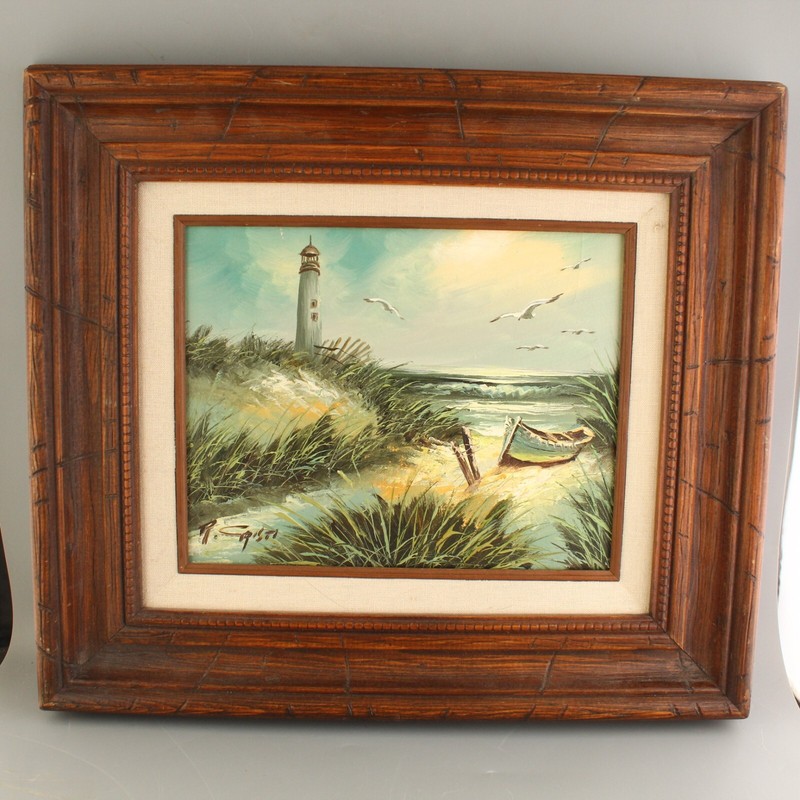 VTG 1984 Oil Painting Seashore Lighthouse Boat – 8″ X 10″ Wood Frame