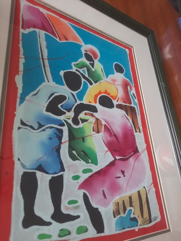 Signed Haitian Painting On Fabric, Framed, Colorful, See Photos For Condition gallery