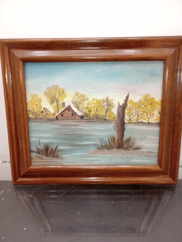 Vintage Framed Oil on Canvas House On The Lake Signed FL. Mike 10″ X 8″