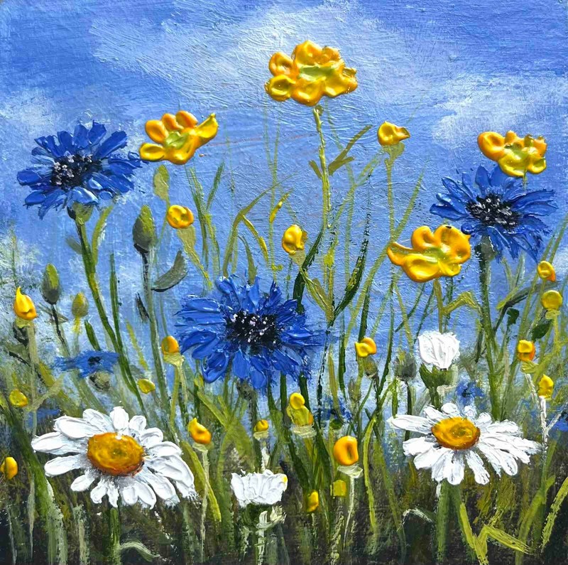Summer ORIGINAL OIL PAINTING Landscape Wild flowers Meadow Art 4 x 4 in gallery